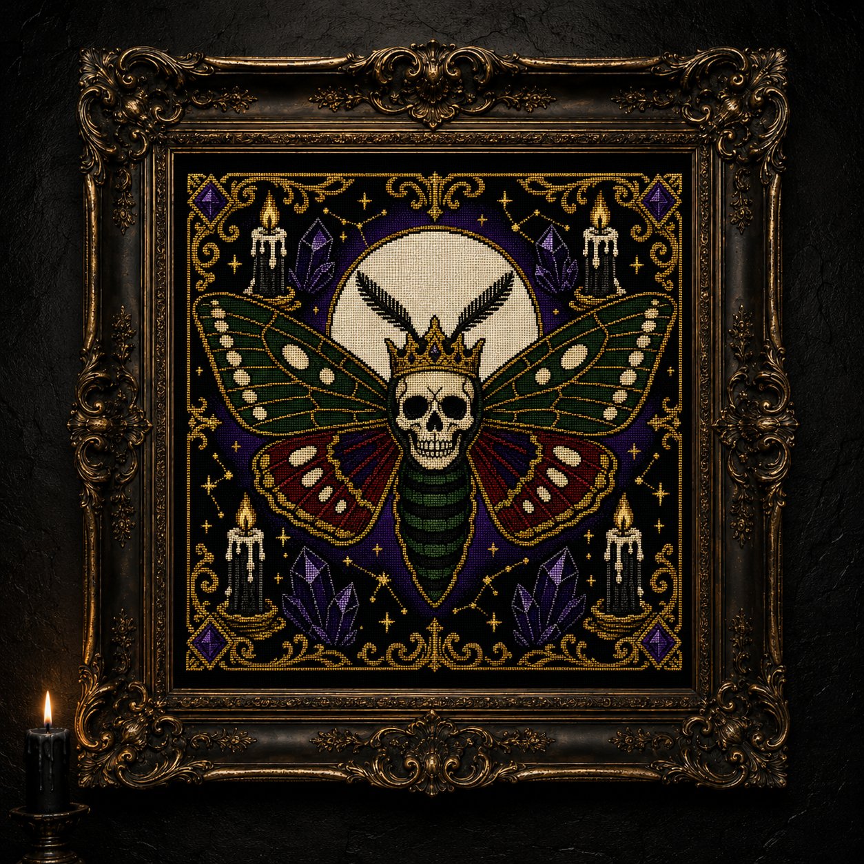 Deaths Head Moth Crown cross stitch close-up detail showing intricate gothic stitch work