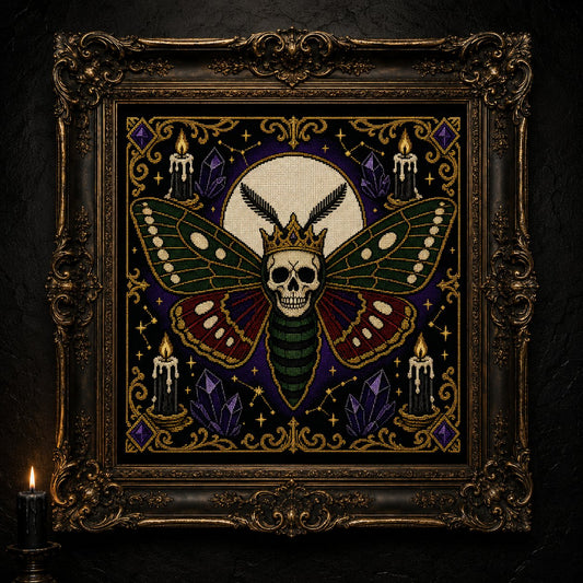 Deaths Head Moth Crown cross stitch close-up detail showing intricate gothic stitch work
