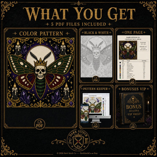 Deaths Head Moth Crown cross stitch pattern shown with DMC floss thread color palette