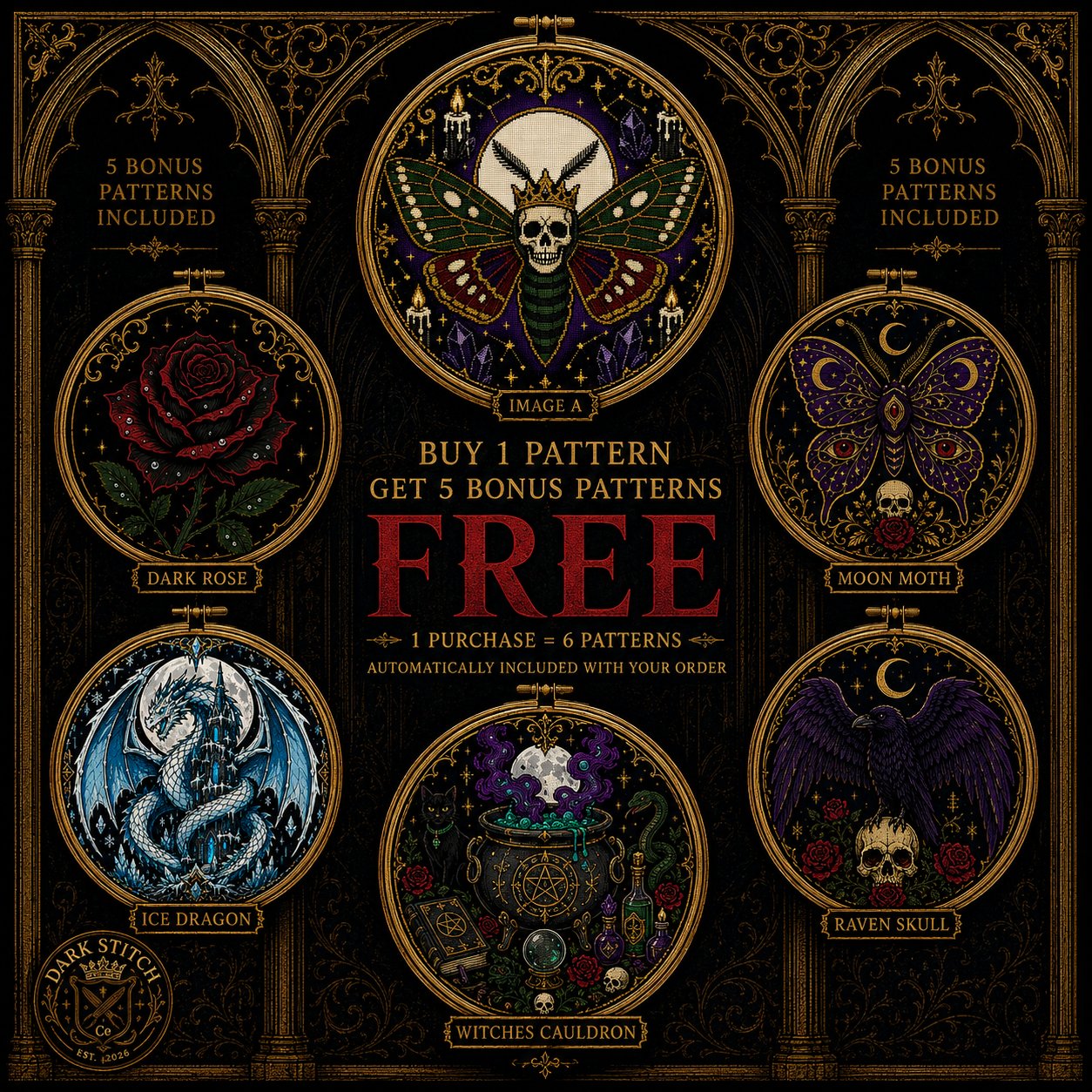 Deaths Head Moth Crown cross stitch black and white symbol chart preview — printer friendly