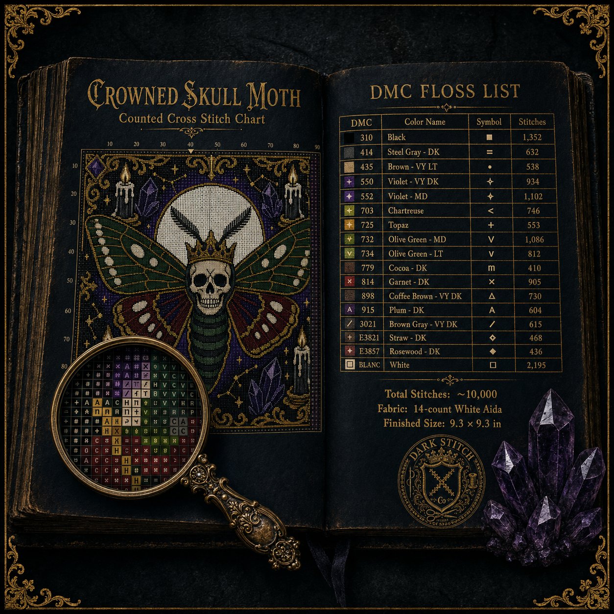 Deaths Head Moth Crown cross stitch gift idea for gothic stitchers and dark fantasy lovers