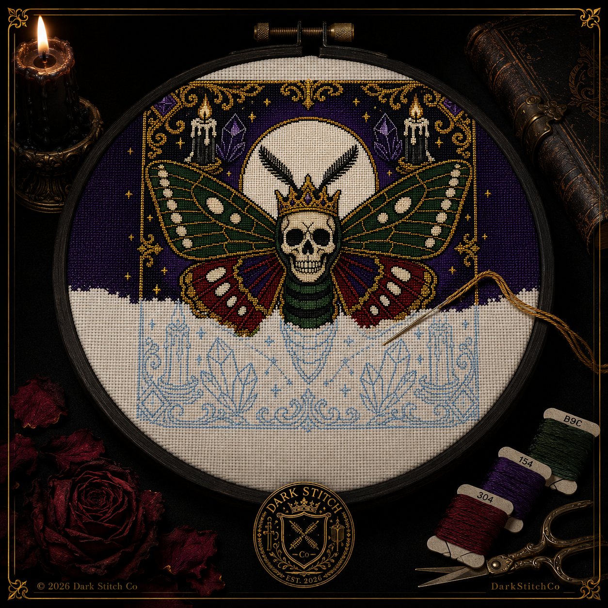 Deaths Head Moth Crown cross stitch pattern by DarkStitchCo — instant PDF download with bonus patterns
