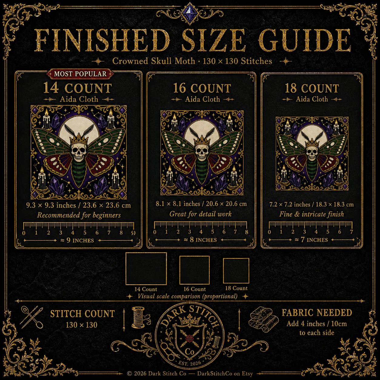 Deaths Head Moth Crown cross stitch pattern by DarkStitchCo — instant PDF download with bonus patterns