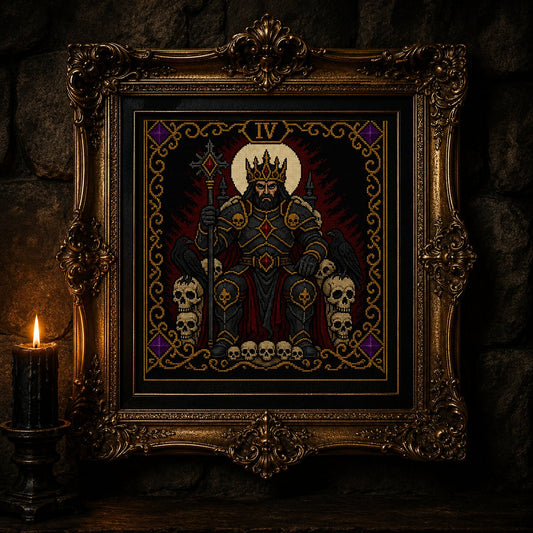 Emperor Iv Tarot cross stitch finished piece framed on dark gothic wall — handmade home decor