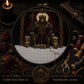 Emperor Iv Tarot cross stitch finished on white Aida fabric with embroidery hoop