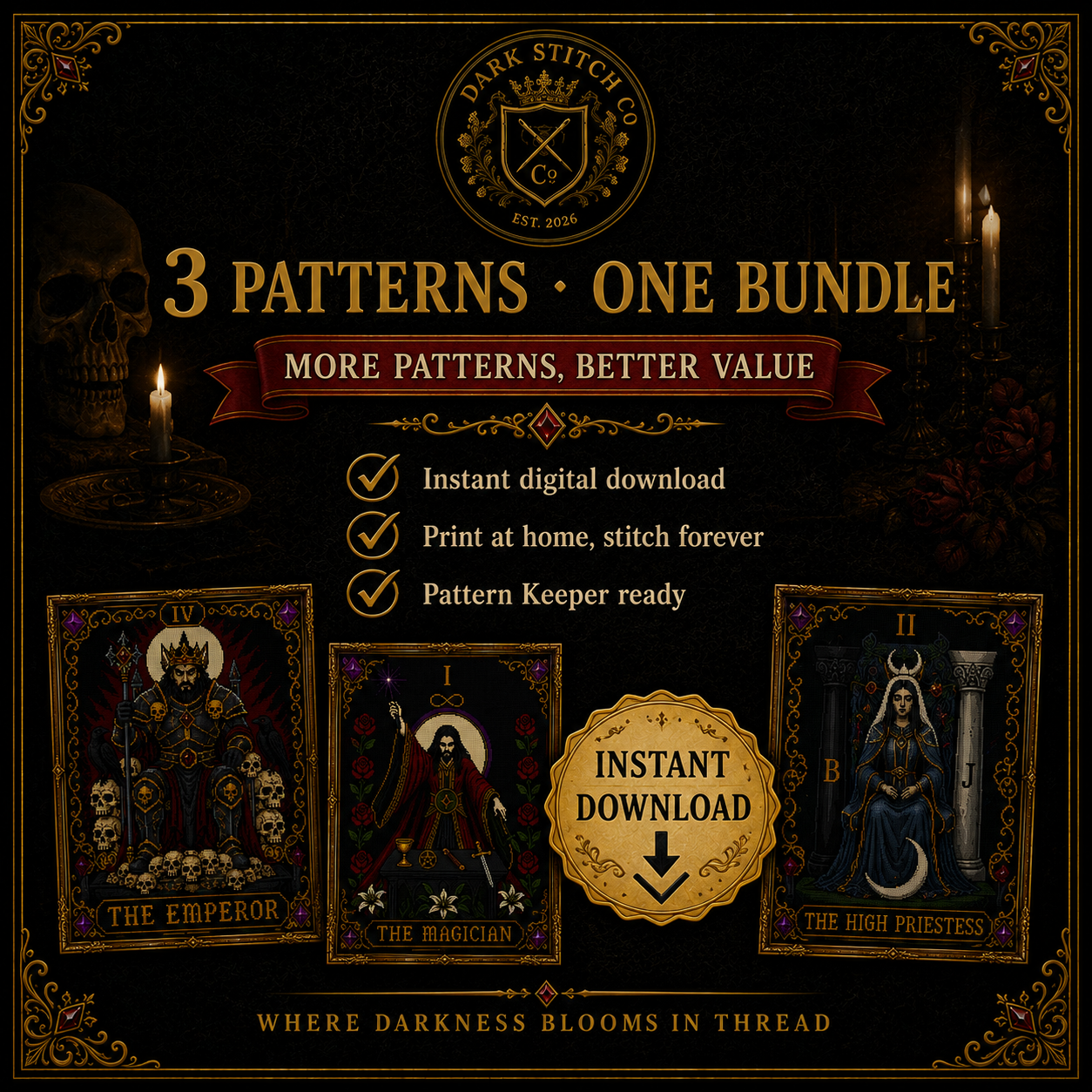 Gothic Tarot cross stitch pattern bundle - 01-gothic-tarot-cross-stitch-pattern-bundle-empress-emperor-magician