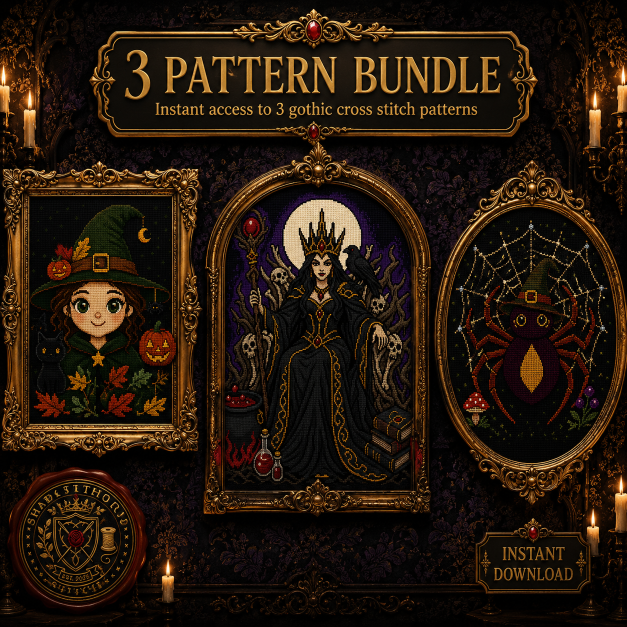 Gothic Witch cross stitch pattern bundle - 01-witch-cross-stitch-pattern-bundle-halloween-witch-queen-spider