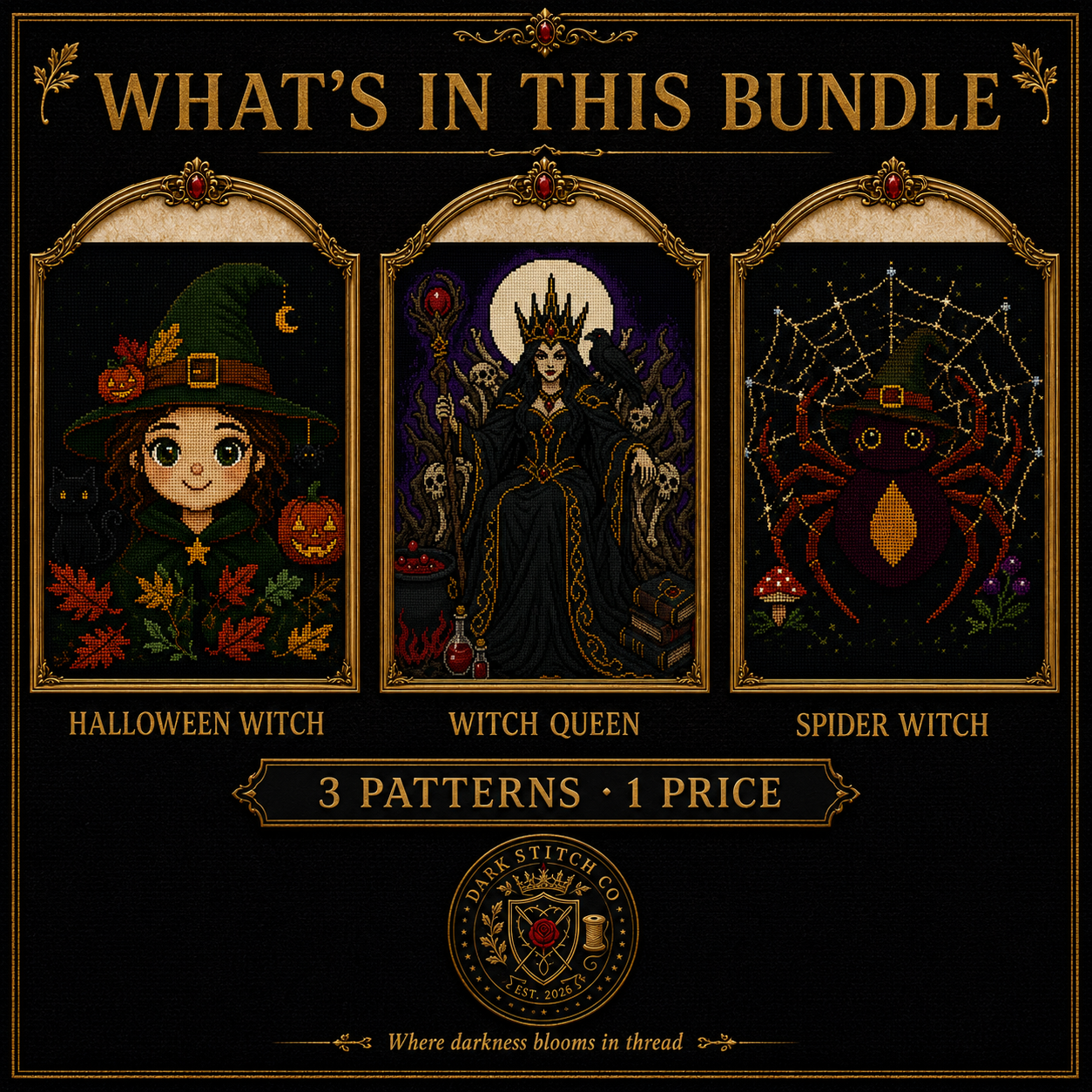 Gothic Witch cross stitch pattern bundle - 02-witch-cross-stitch-bundle-whats-included