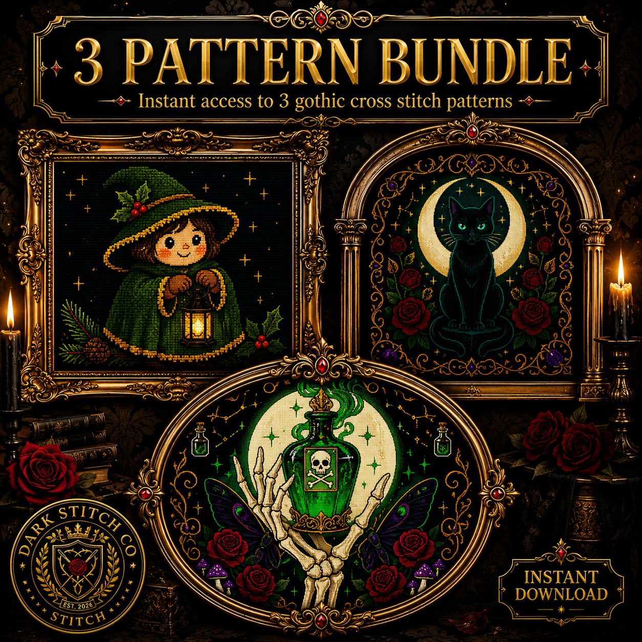 Cozy Witch cross stitch pattern bundle - 01-cozy-witch-cross-stitch-pattern-bundle-yule-black-cat-witch-hand