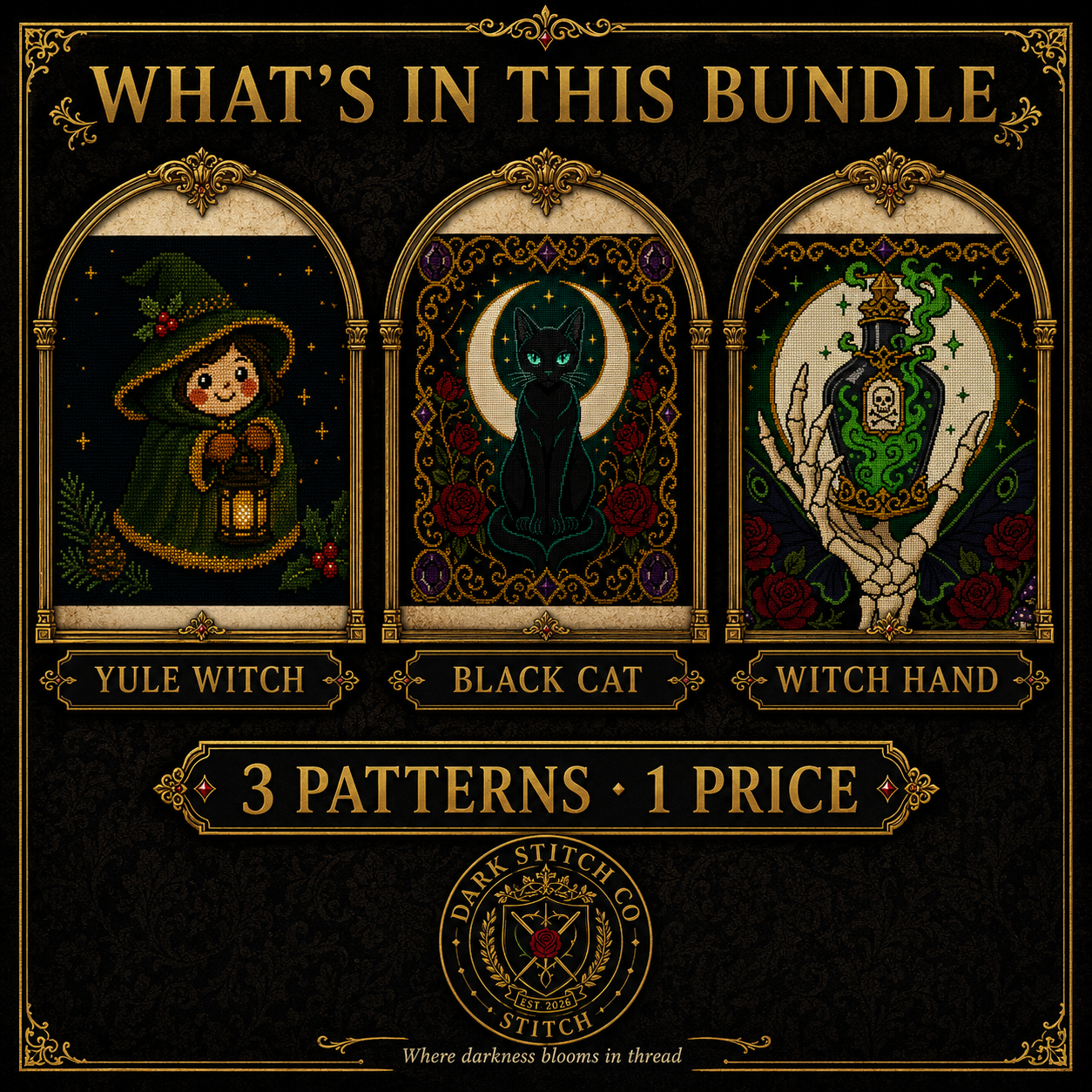 Cozy Witch cross stitch pattern bundle - 02-cozy-witch-cross-stitch-bundle-whats-included