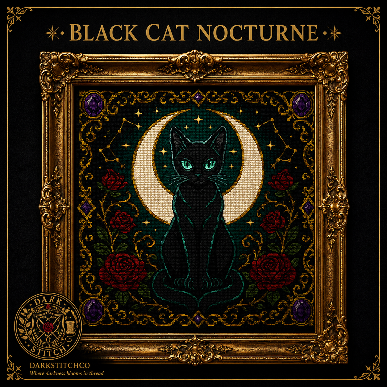Cozy Witch cross stitch pattern bundle - 04-black-cat-crescent-moon-cross-stitch-pattern