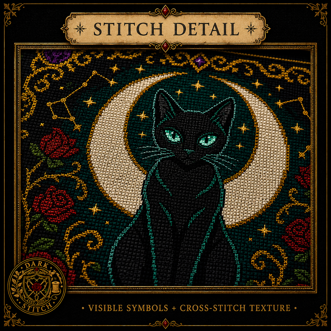 Cozy Witch cross stitch pattern bundle - 08-cozy-witch-cross-stitch-stitch-detail-closeup