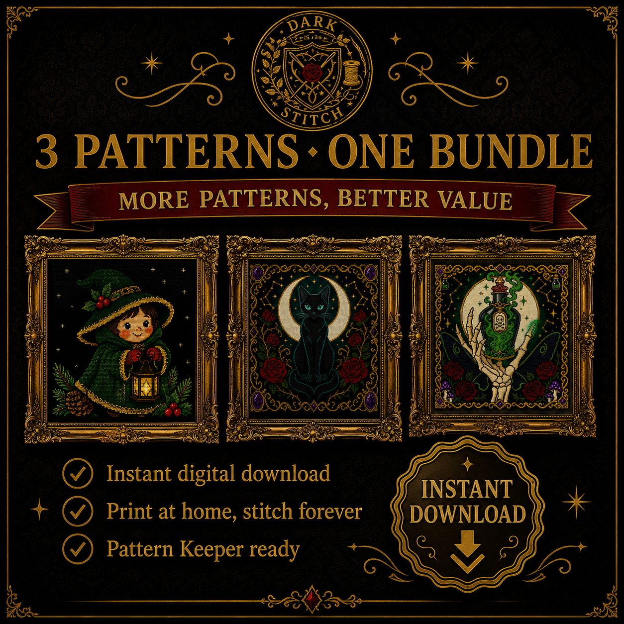 Cozy Witch cross stitch pattern bundle - 09-cozy-witch-cross-stitch-bundle-3-patterns-value