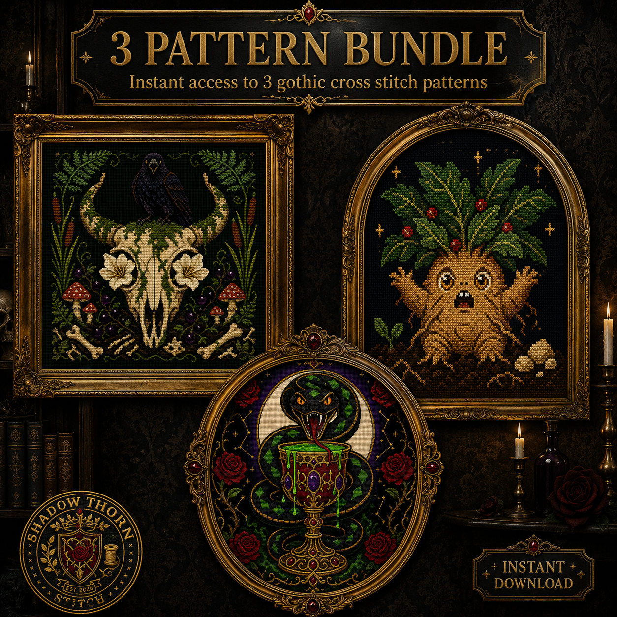 Dark Botanical cross stitch pattern bundle - 01-dark-botanical-cross-stitch-pattern-bundle-bone-garden-mandrake-serpent-chalice