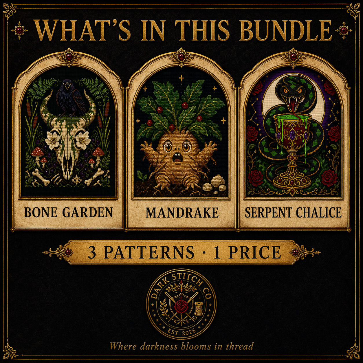 Dark Botanical cross stitch pattern bundle - 02-dark-botanical-cross-stitch-bundle-whats-included