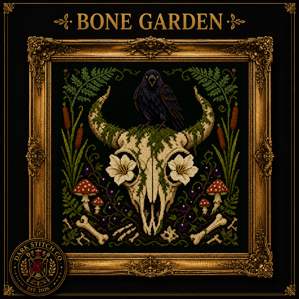 Dark Botanical cross stitch pattern bundle - 03-bone-garden-skull-cross-stitch-pattern