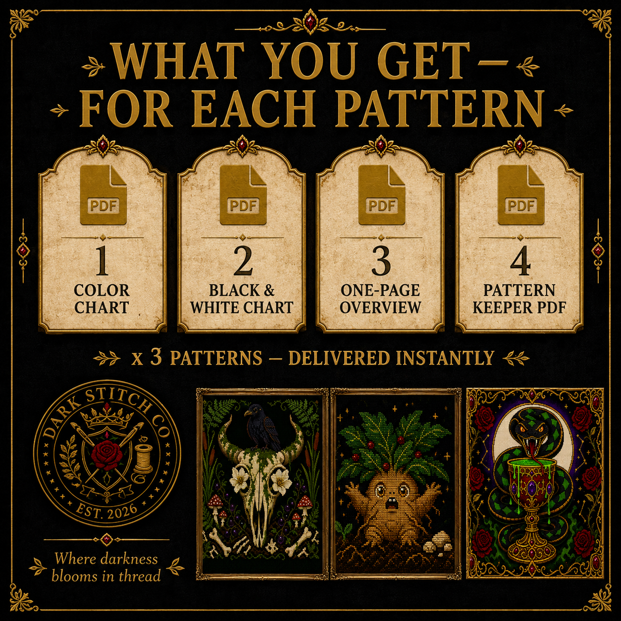 Dark Botanical cross stitch pattern bundle - 06-dark-botanical-cross-stitch-bundle-files-included