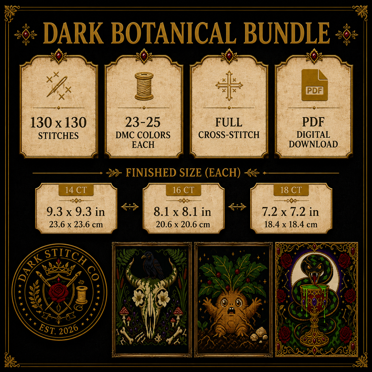Dark Botanical cross stitch pattern bundle - 07-dark-botanical-cross-stitch-pattern-details