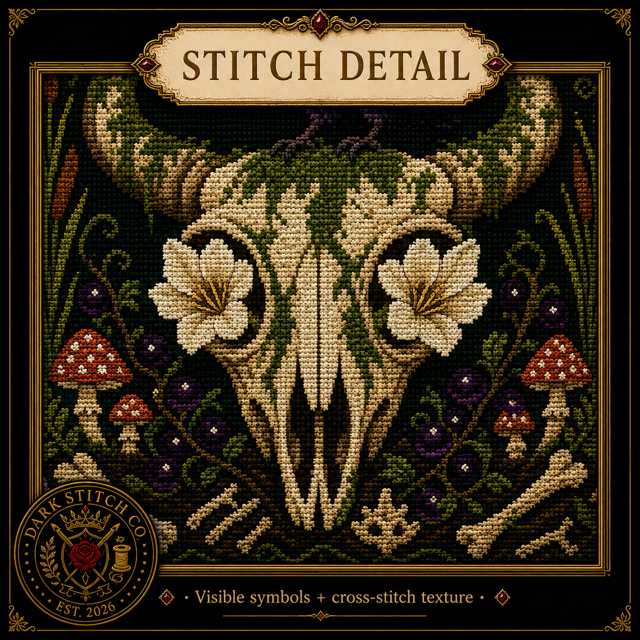 Dark Botanical cross stitch pattern bundle - 09-dark-botanical-cross-stitch-stitch-detail-closeup