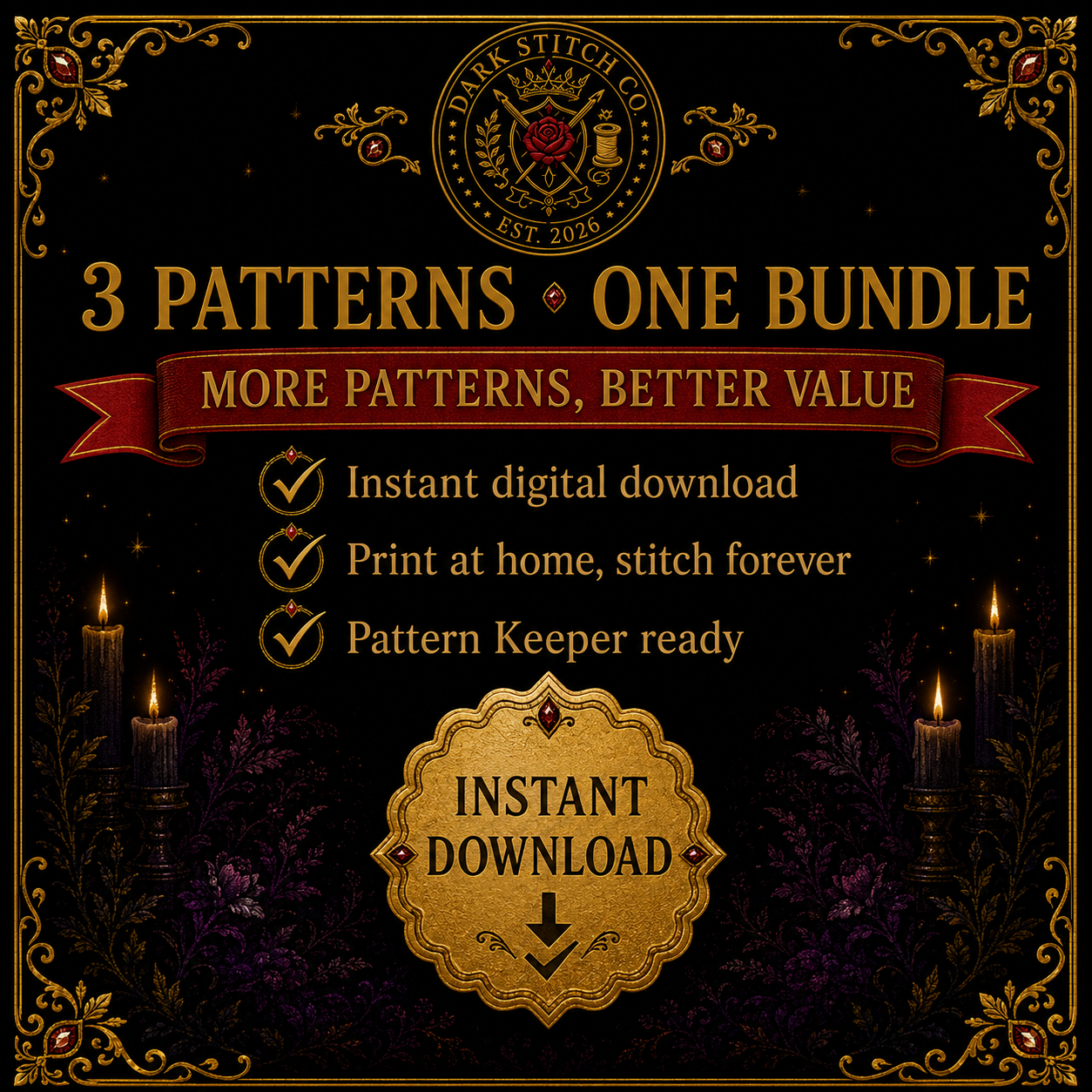 Dark Botanical cross stitch pattern bundle - 10-dark-botanical-cross-stitch-bundle-3-patterns-value