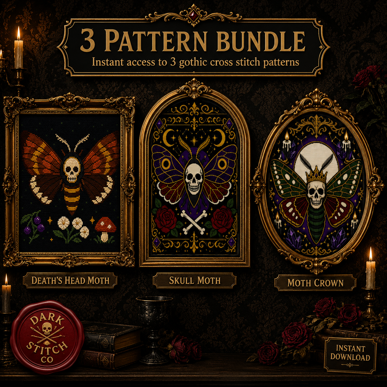 Gothic Moth & Skull cross stitch pattern bundle - 01-gothic-moth-skull-cross-stitch-pattern-bundle-deaths-head-skull-moth-crown