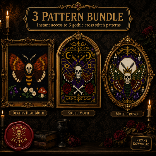 Gothic Moth & Skull cross stitch pattern bundle - 01-gothic-moth-skull-cross-stitch-pattern-bundle-deaths-head-skull-moth-crown