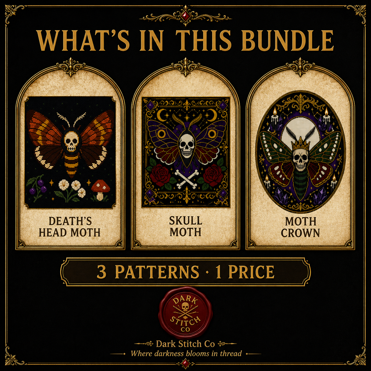 Gothic Moth & Skull cross stitch pattern bundle - 02-gothic-moth-skull-cross-stitch-bundle-whats-included