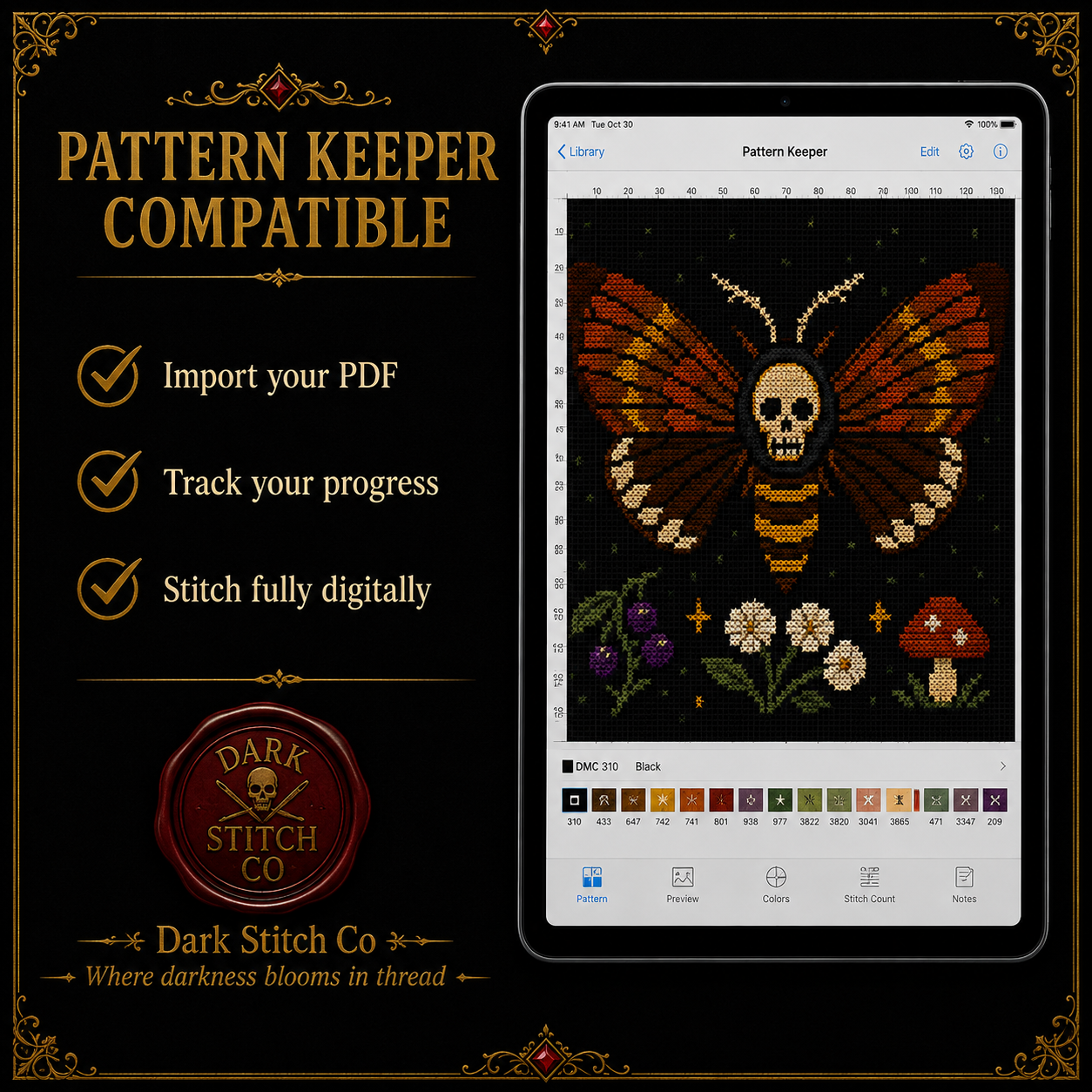 Gothic Moth & Skull cross stitch pattern bundle - 07-gothic-moth-cross-stitch-pattern-keeper-app