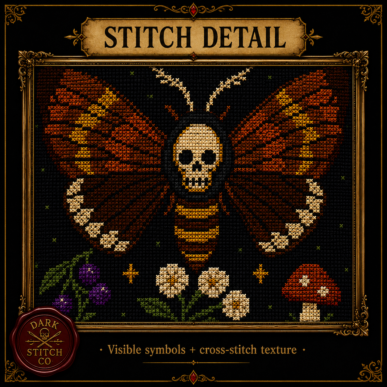 Gothic Moth & Skull cross stitch pattern bundle - 08-gothic-moth-skull-cross-stitch-stitch-detail-closeup