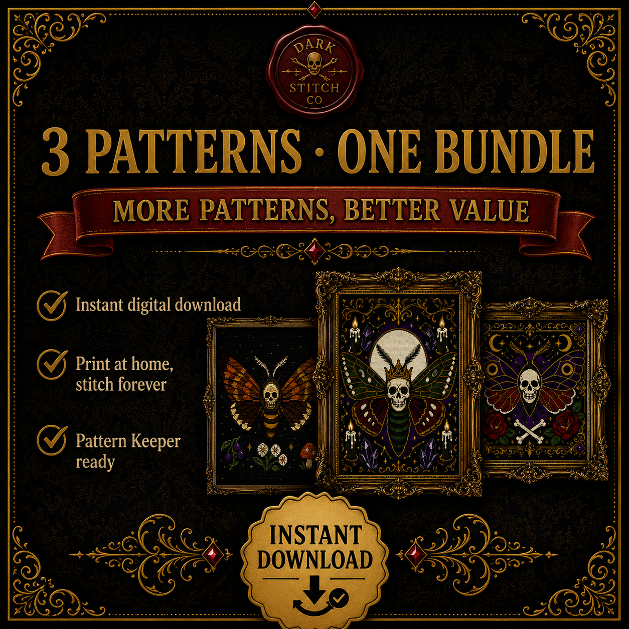 Gothic Moth & Skull cross stitch pattern bundle - 09-gothic-moth-skull-cross-stitch-bundle-3-patterns-value