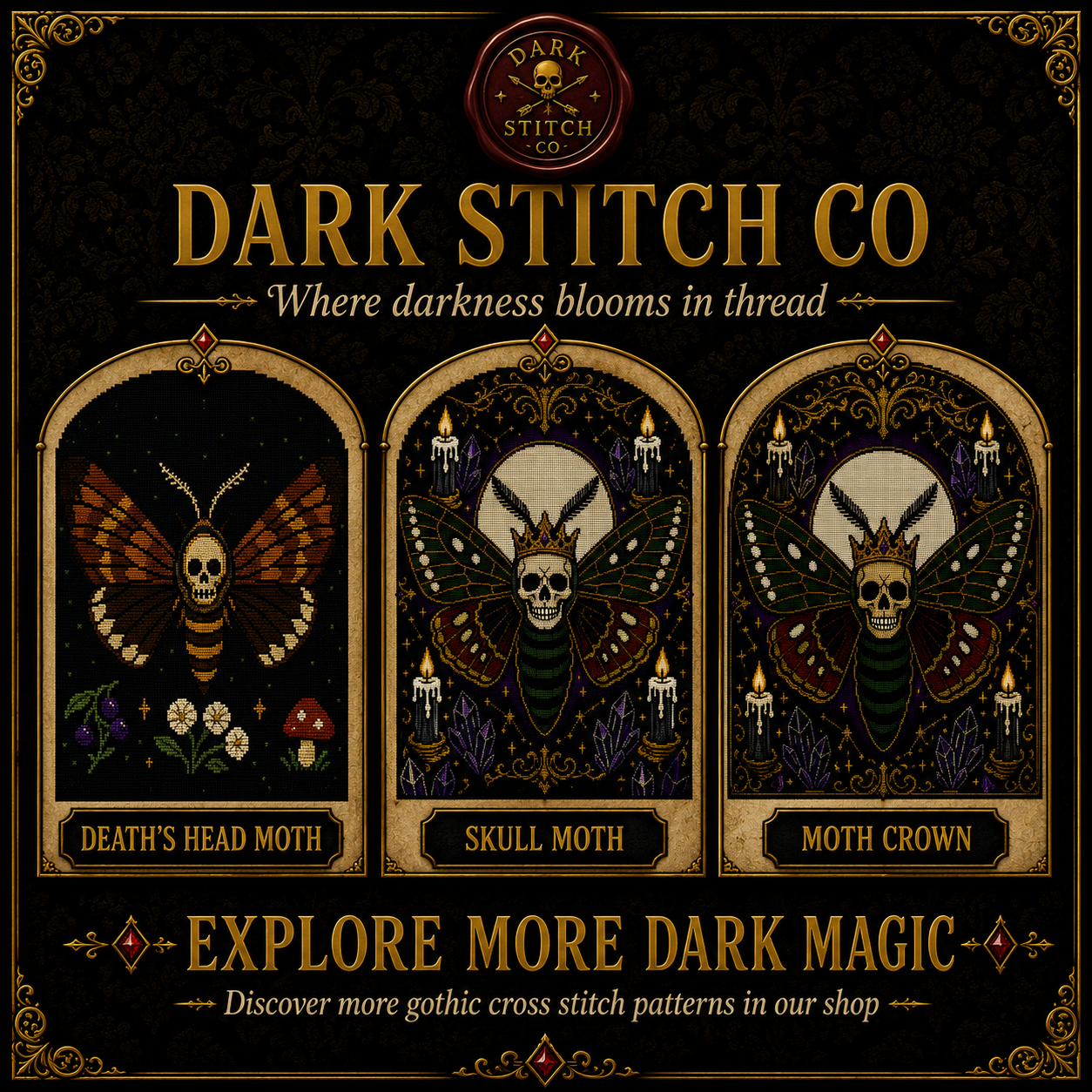 Gothic Moth & Skull cross stitch pattern bundle - 11-shadowthornstitch-gothic-moth-skull-cross-stitch-patterns