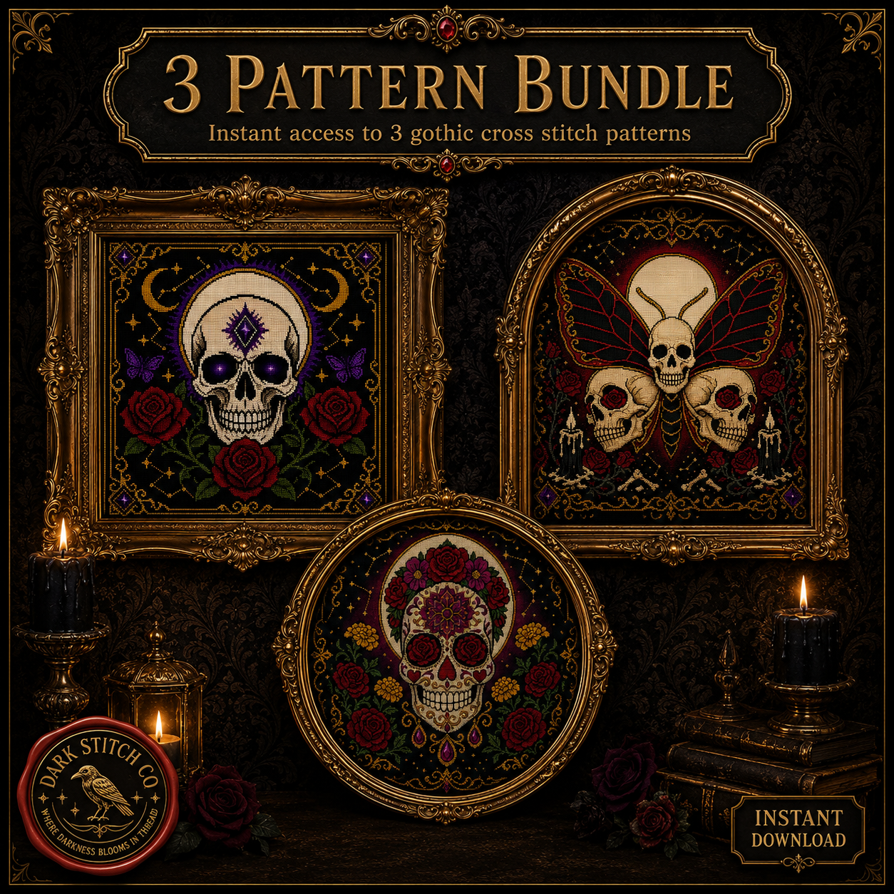 Skull & Butterfly cross stitch pattern bundle - 01-skull-butterfly-cross-stitch-pattern-bundle-sugar-skull-death-moth-oracle