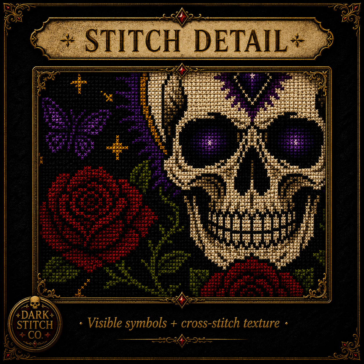 Skull & Butterfly cross stitch pattern bundle - 07-skull-butterfly-cross-stitch-stitch-detail-closeup