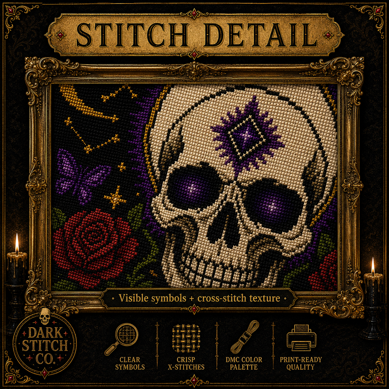 Skull & Butterfly cross stitch pattern bundle - 08-sugar-skull-cross-stitch-stitch-detail-closeup