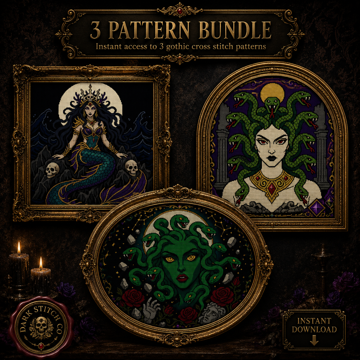 Medusa Mythology cross stitch pattern bundle - 01-medusa-cross-stitch-pattern-bundle-gothic-medusa-portrait-dark-siren