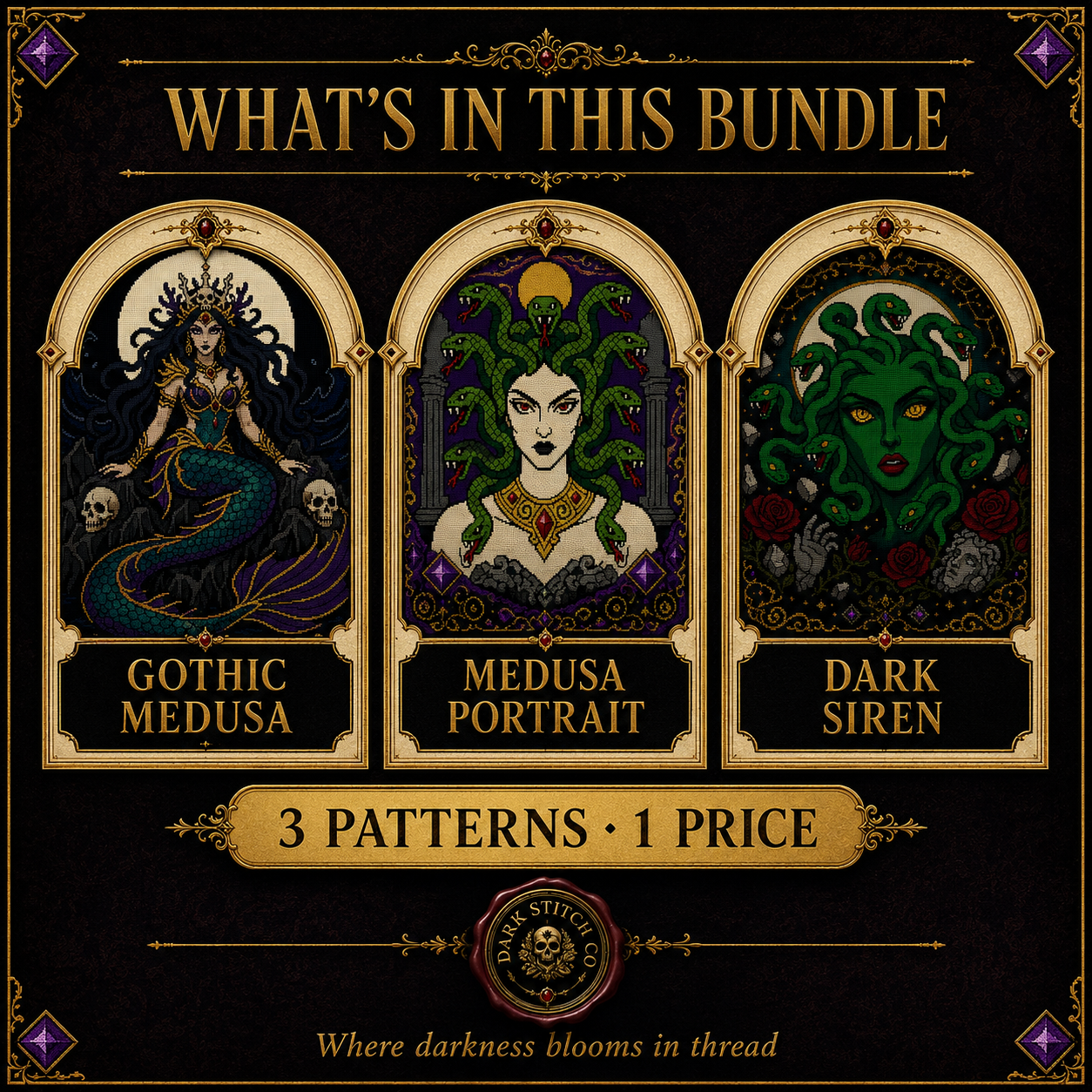 Medusa Mythology cross stitch pattern bundle - 02-medusa-myth-cross-stitch-bundle-whats-included