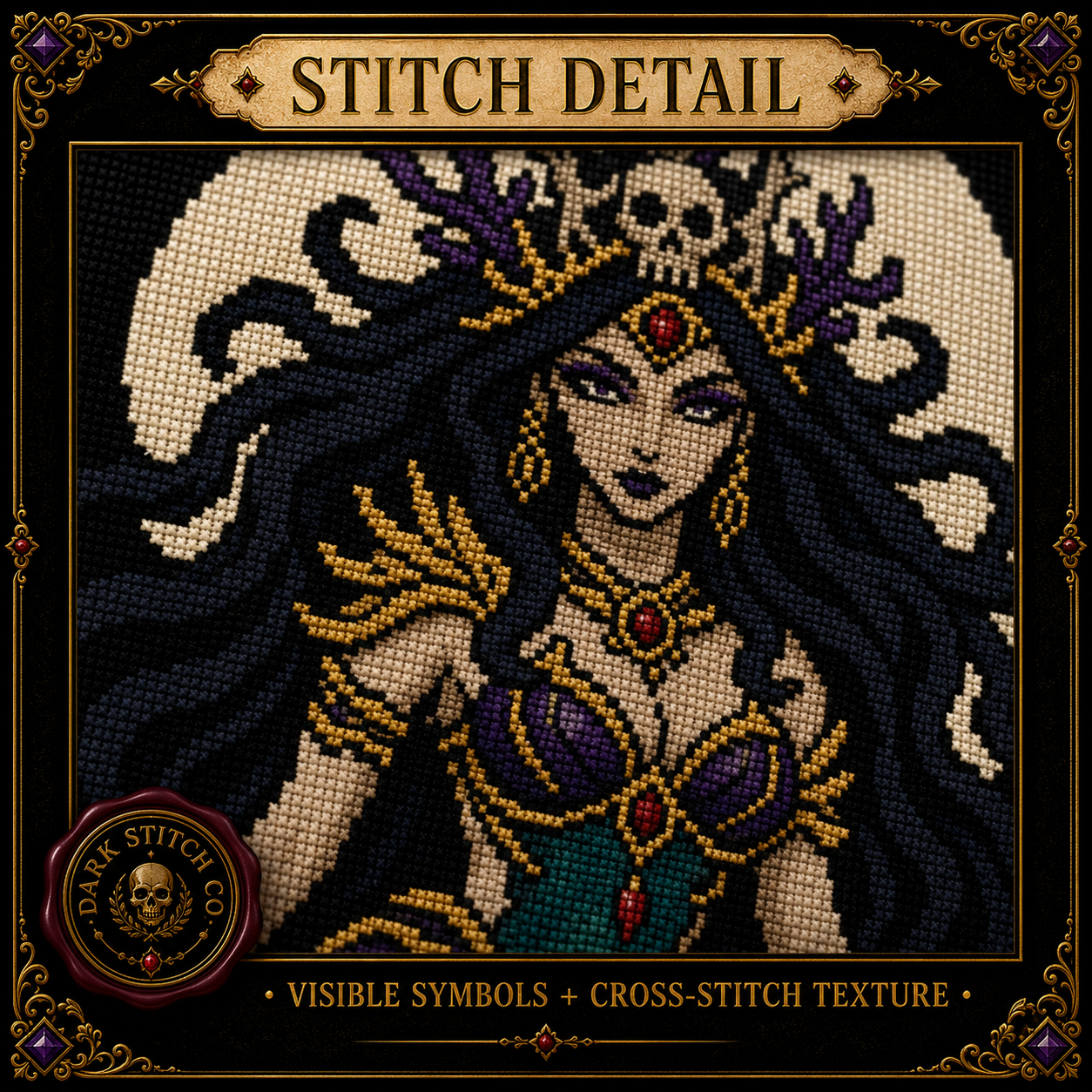Medusa Mythology cross stitch pattern bundle - 08-medusa-cross-stitch-stitch-detail-closeup