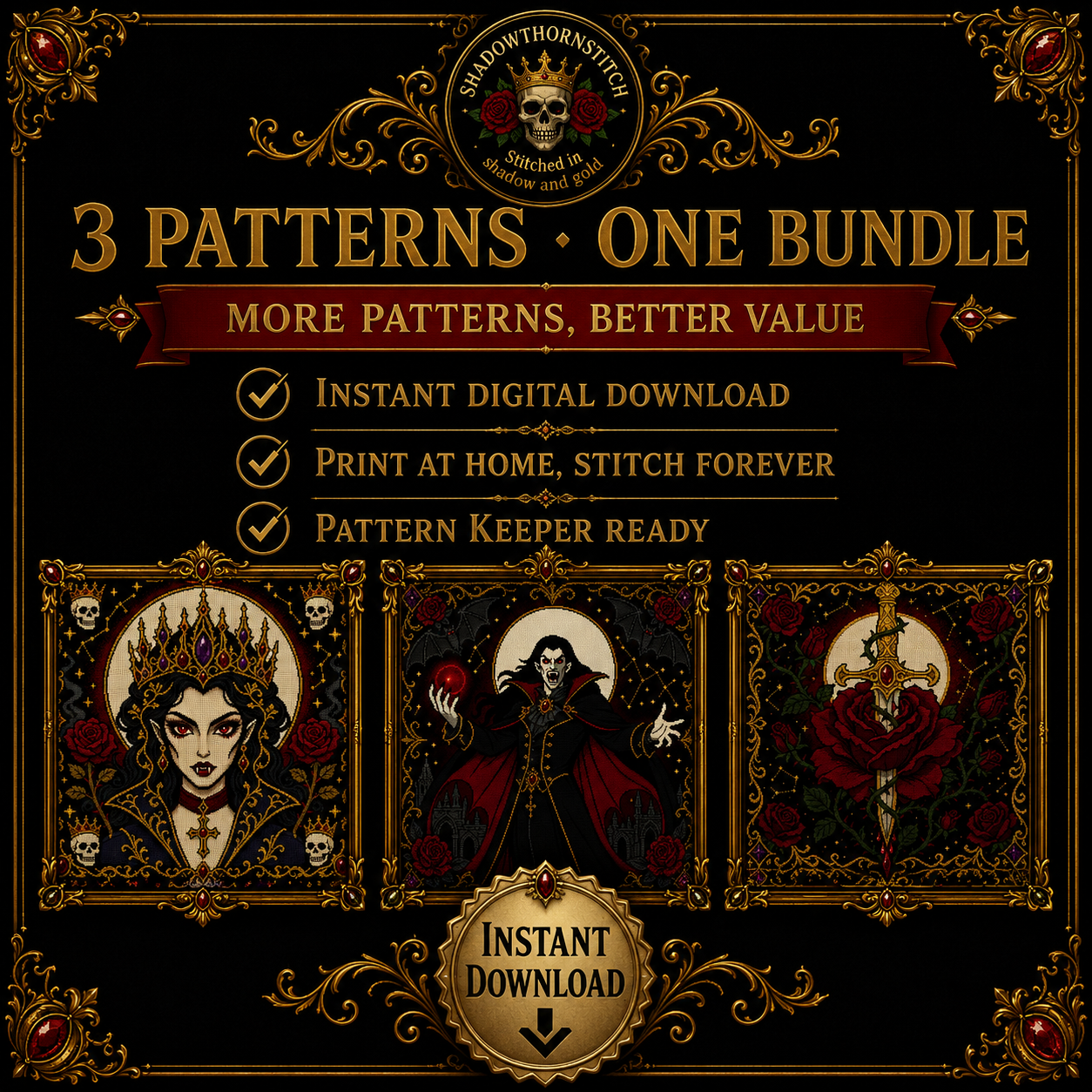 Gothic Vampire cross stitch pattern bundle - 09-dark-vampire-counted-cross-stitch