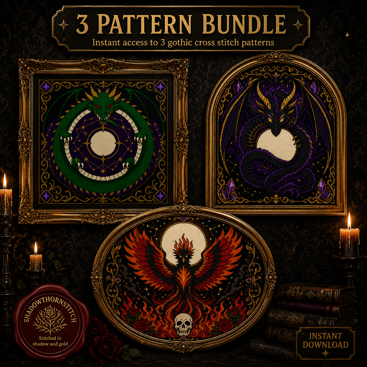 Gothic Dragon cross stitch pattern bundle - 11-dragon-cross-stitch-pattern-set