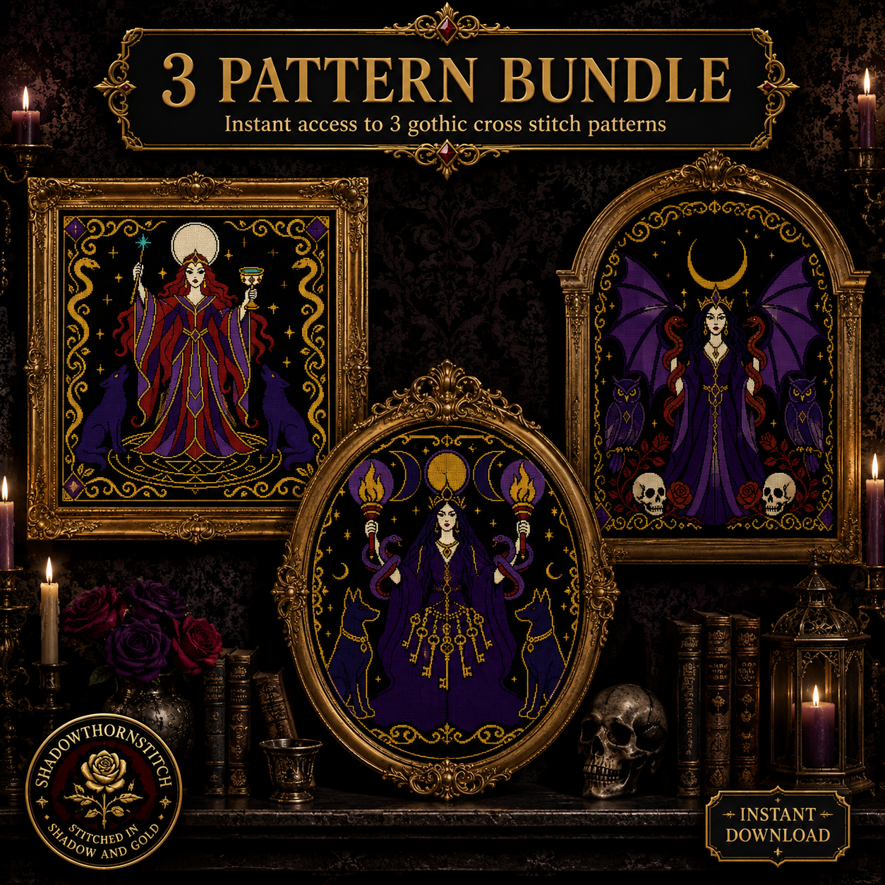 Dark Goddess cross stitch pattern bundle - 01-gothic-dark-goddess-cross-stitch-bundle