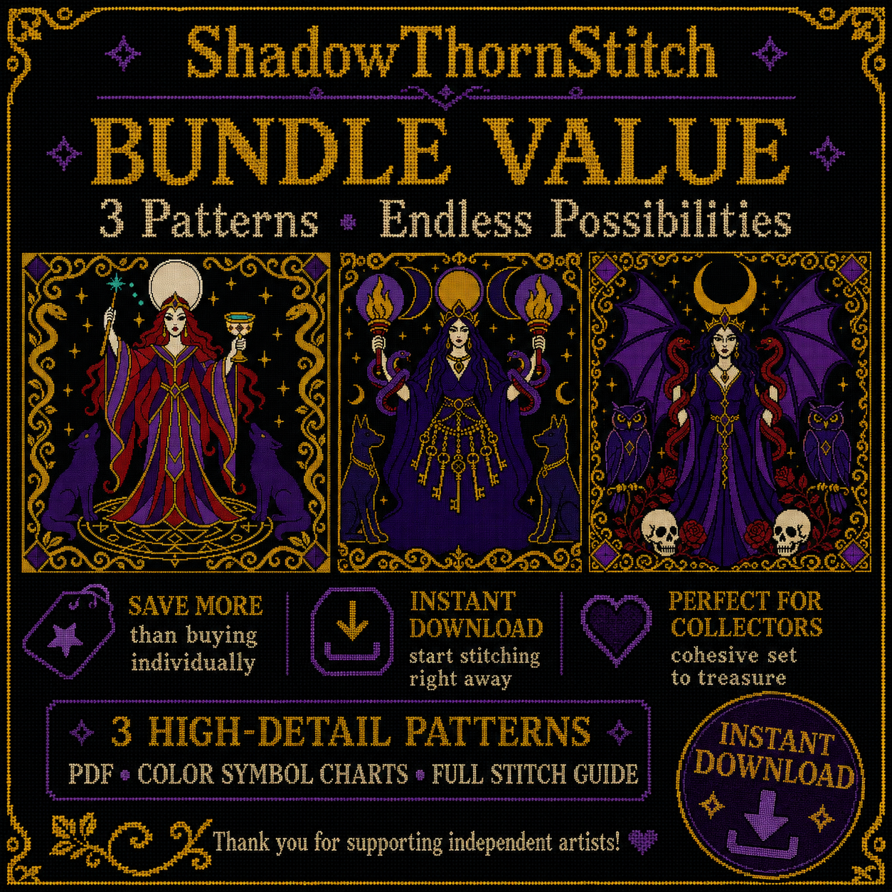 Dark Goddess cross stitch pattern bundle - 09-occult-cross-stitch-wall-art