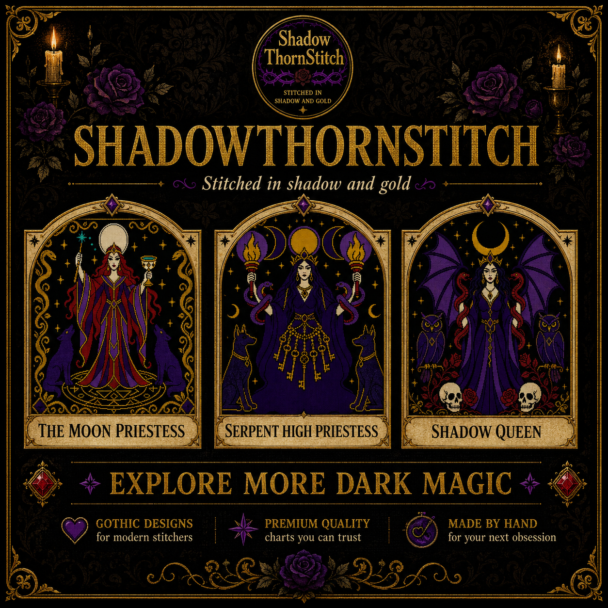 Dark Goddess cross stitch pattern bundle - 10-dark-feminine-cross-stitch-decor
