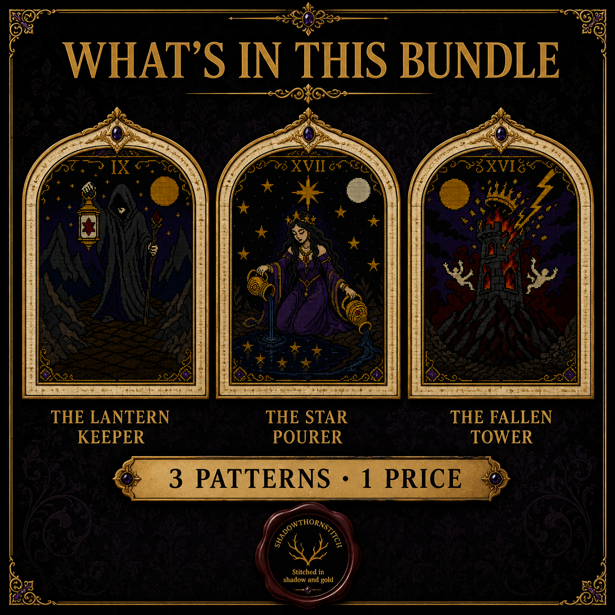 Tarot Major Arcana cross stitch pattern bundle - 02-the-hermit-tarot-cross-stitch
