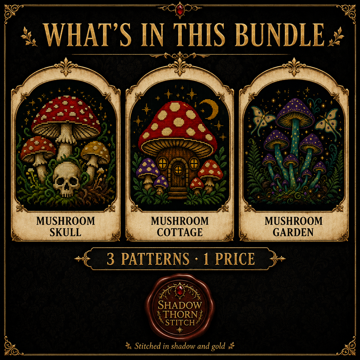 Gothic Mushroom cross stitch pattern bundle - 03-dark-cottagecore-mushroom-cross-stitch-set