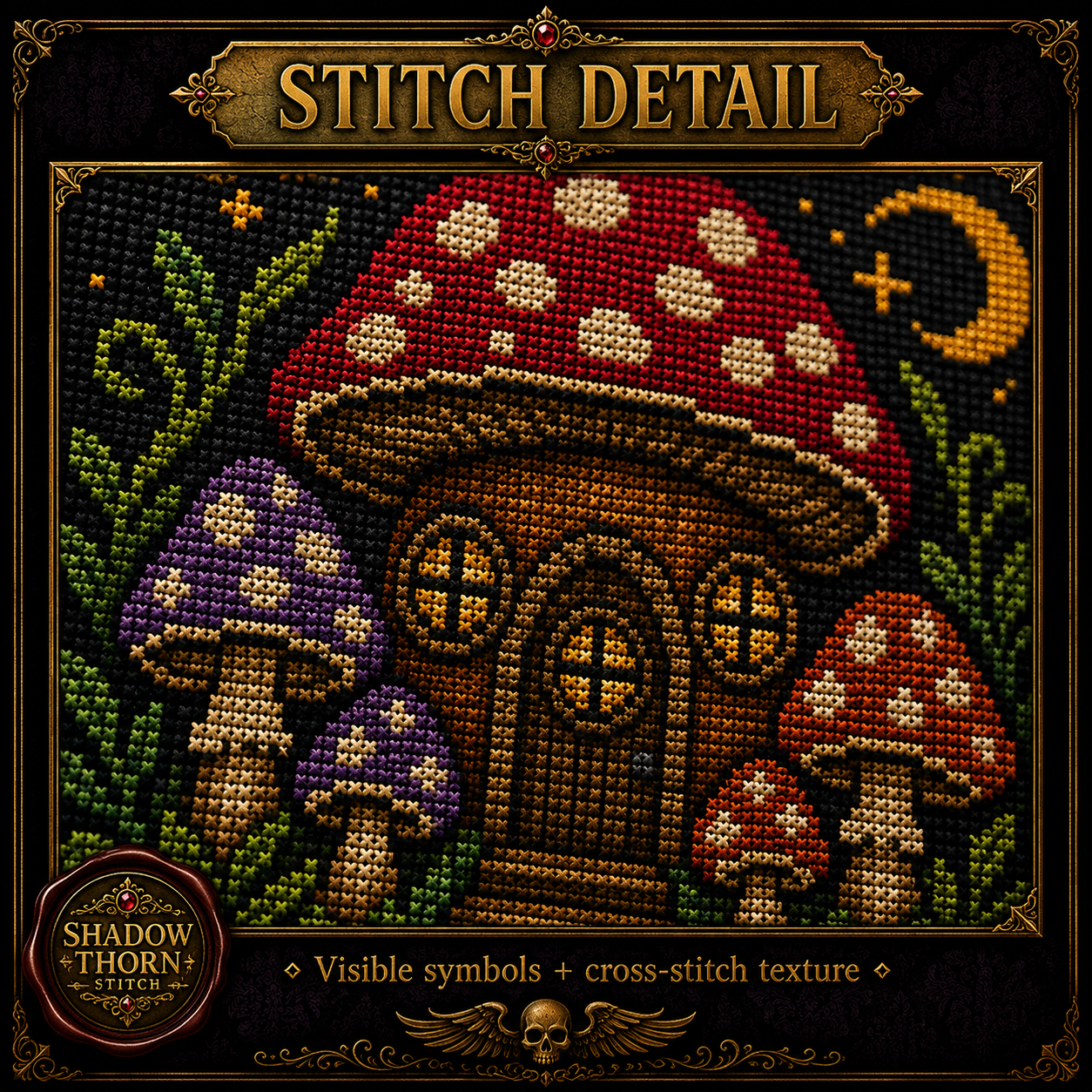 Gothic Mushroom cross stitch pattern bundle - 07-gothic-mushroom-cross-stitch-detail