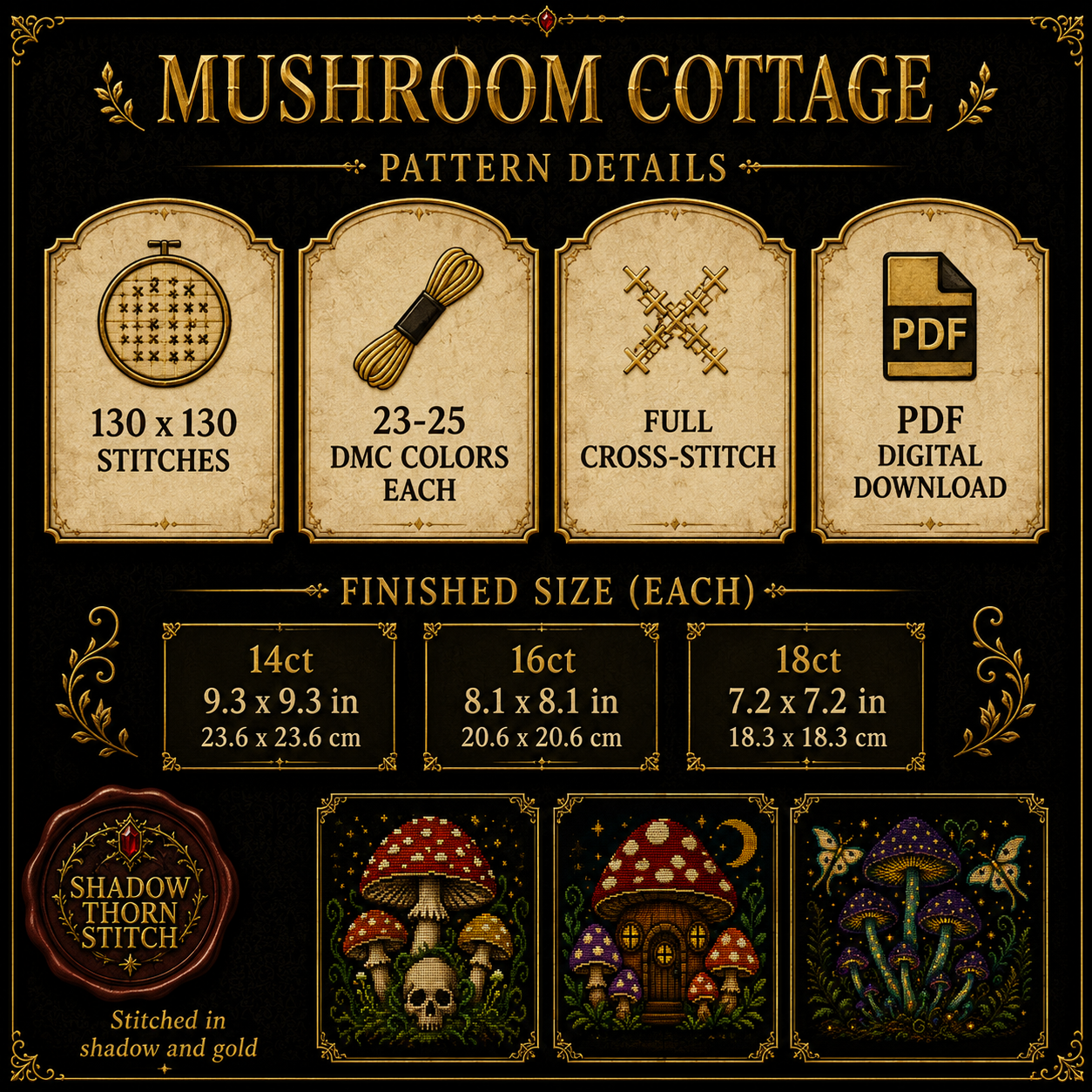 Gothic Mushroom cross stitch pattern bundle - 09-counted-cross-stitch-pattern-details