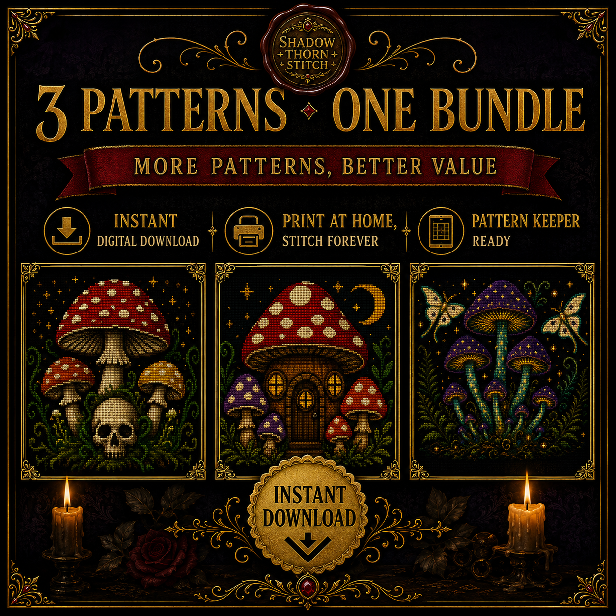 Gothic Mushroom cross stitch pattern bundle - 10-witchy-mushroom-cross-stitch-bundle