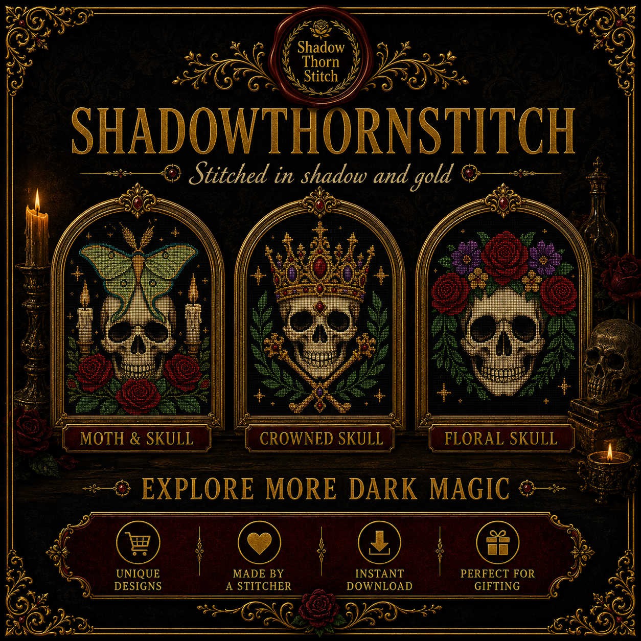 Gothic Skull cross stitch pattern bundle - 01-gothic-skull-cross-stitch-pattern-bundle