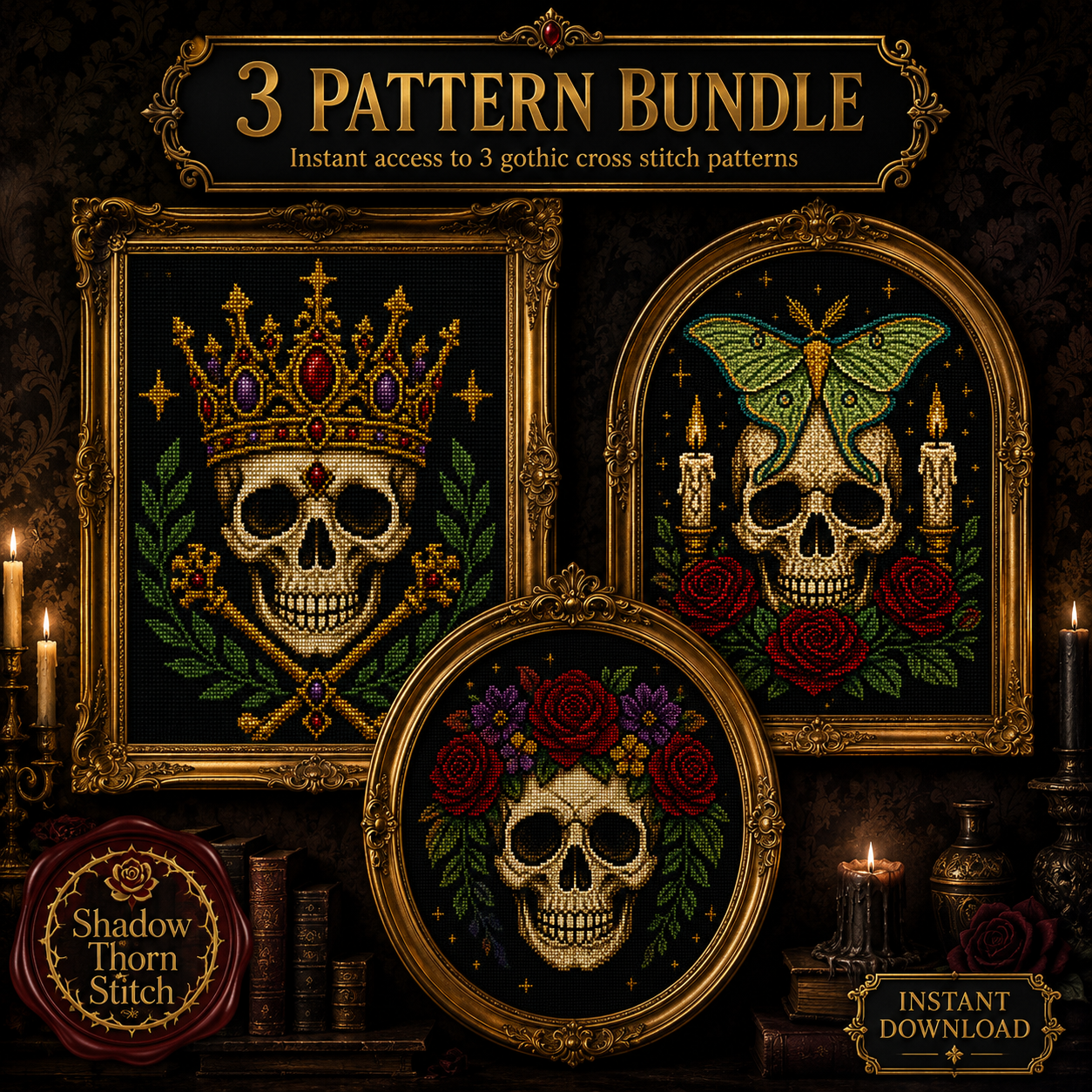 Gothic Skull cross stitch pattern bundle - 02-witchy-skull-cross-stitch-bundle