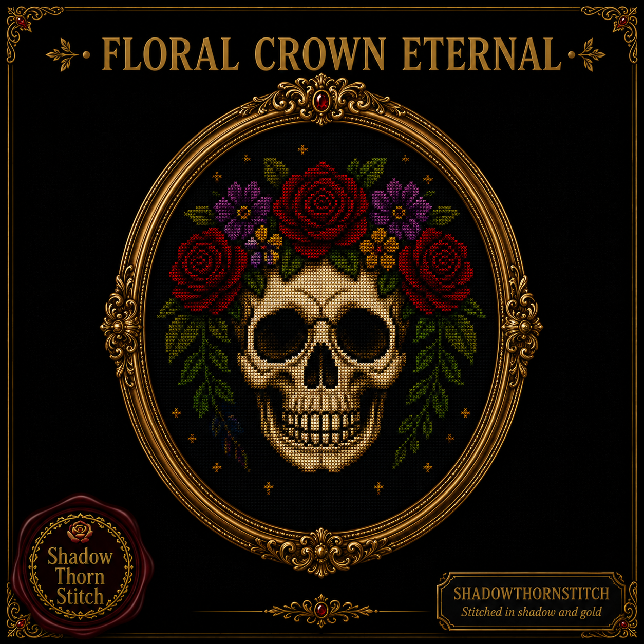 Gothic Skull cross stitch pattern bundle - 06-floral-skull-roses-cross-stitch-pdf
